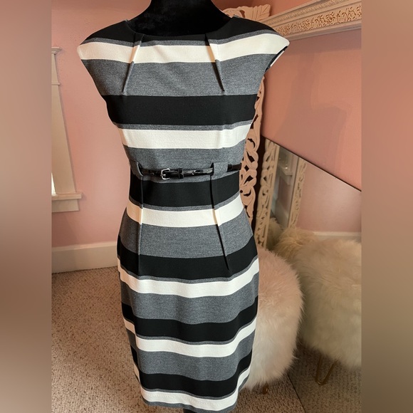 Calvin Klein Dresses & Skirts - Calvin Klein black/white and gray striped sheath dress with black belt. Size 2